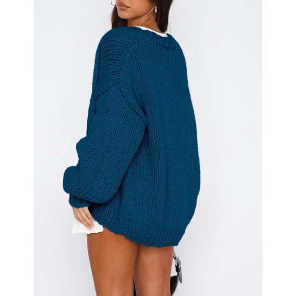 Womens Trendy Cardigan Sweaters Dark Blue Long Sleeve Chunky Knit Outfits - Picture 2 of 8